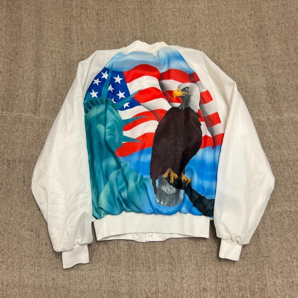 Vintage USA Bomber Jacket Mens Large White 1980s Statue Of Liberty Eagle